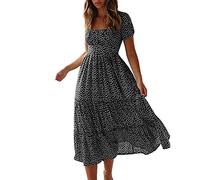 Petite Dresses for Women UK, Puff Sleeves Square Neck Midi Floral Dresses, Ladies Flowy Chiffon Casual Beach Holiday Sundress Sun Dress for Women UK Black