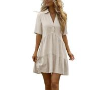 Petite Dresses for Women UK Short Sleeve A-Line Midi Dresses Elegant Lapel Neck Buttons Tiered Dress Summer Casual Loose Boho Sundress Breathable Comfortable Friendly Beach Everyday Wear