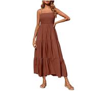 Petite Dresses for Women UK Women's Summer Midi Dresses Casual Smocked Elastic Waist A-line Beach Sundress Casual Spaghetti Strap Swing Long Flowy Dresses Coffee S