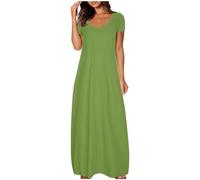 Petite Dresses Summer Maxi Dresses for Women Casual Short Sleeve Cotton Swing Long Dress Scoop Neck Flowy Sundress with Pockets for Beach Holidays Light Green