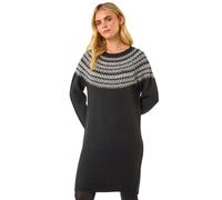 Roman Petite Fairisle Knit Jumper Dress for Women UK - Ladies Autumn Everyday Winter Holiday Round Neckline Comfy Long Sleeve Soft Knee Length Frock Office Desk Gowns - Black - Size 12