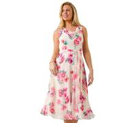 Roman Originals Floral Print Cowl Neck Dress for Women UK - Ladies Everyday Holiday Spring Summer Comfy Soft Evening Vacation Work Party - Petite Ivory - Size 16