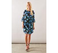 Petite Floral Print Flute Sleeve Shift Dress Wallis Black 14