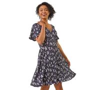 Roman Petite Ditsy Floral Print Pleat Dress for Women UK - Ladies Everyday Holiday Spring Summer V-Neckline Comfy Soft Evening Vacation Work Party - Petite Navy - Size 14