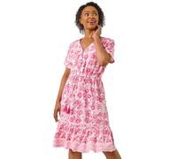Roman Originals Floral Print Frill Hem Shirt Dress for Women UK - Ladies Everyday Holiday Spring Summer Notch Neckline Comfy Soft Evening Vacation Work Party - Petite Pink - Size 14