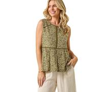 Roman Petite Floral Print Trim Vest Top for Women UK - Ladies Everyday Holiday Spring Summer Round Neckline Comfy Soft Evening Vacation Work Party - Petite Khaki - Size 12