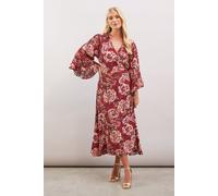 Petite Floral Print Viscose Wrap Dress Wallis Burgundy 12