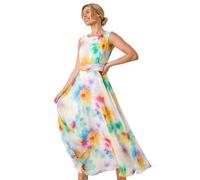 Roman Petite Spot Print Ruched Waist Midi Dress for Women UK - Ladies Everyday Holiday Spring Summer Round Neckline Comfy Soft Evening Vacation Work Party - Petite Floral Ivory - Size 12