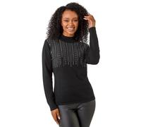 Roman Originals Diamante Jumper for Women UK Ladies Sparkly Glitter Sweater Stretchy Embellished Smart Casual Autumn Winter Long Sleeve Round Neck Knitwear Knitted Pullover - Petite Noir - Size 16