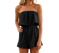 Petite Jumpsuits for Women UK Playsuits Summer Casual All in One Short Romper Strapless Tube Tops Elastic Waist Wide Leg Sports Shorts Sleeveless Bandeau Off Shoulder Dungarees, Black, 5XL