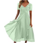Petite Ladies' Lace Chiffon Dresses - Short Sleeve V Neck Midi Dresses for Wedding Guest Party Occasions