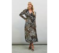 Petite Leopard Viscose Ruched Sleeve Midi Dress Wallis Neutral 8