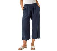 Roman Petite Linen Mix Wide Cropped Trousers for Women UK Ladies Spring Everyday Summer Break Elasticated Waist Comfy Pocket Detail Soft Lightweight Pants Vacation Culottes - Petite Navy - Size 20