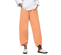 Petite Linen Pants for Women,Plus Size Cotton Linen Pants for Women Loose Straight Leg Capris Summer Beach Boho Yoga Pants with Pockets Palazzo Cropped Comfy Baggy Trousers Orange XX-Large