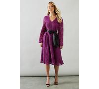 Petite Long Sleeve Satin Belt Lace Midi Dress Wallis Magenta 14