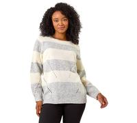 Roman Petite Marl Stripe Knitted Jumper for Women UK - Ladies Everyday Autumn Winter Round Neckline Comfy Soft Evening Vacation Work Party Night Out - Petite Grey - Size 18