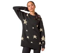 Roman Petite Metallic Star Print Jumper for Women UK - Ladies Autumn Everyday Winter Holiday Round Neckline Comfy Long Sleeve Soft Drop Shoulder Top Desk to Dinner Sweaters - Petite Black - Size 16
