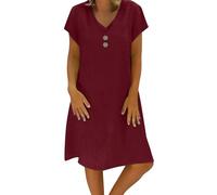 Petite Midi Linen Short Shirt Dresses for Women UK Casual Plain V Neck Bohemian Midi Dress Short Sleeve T Shirts A-Line Sundress Ladies Elegant Tunic Boho Beach Linen Summer Dresses for Women UK Wine