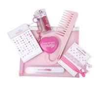 Petite N Pretty All-in-One Makeup Set for Kids, Tweens and Teens - Pink Mesh Bag with Lip Gloss Keyring, Hair Ties, Nail Decals, Headband, Heart Mirror, Nail File, Comb -