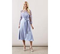 Petite Occasion Satin and Mesh Overlay Fit And Flare Dress Wallis Berry 14