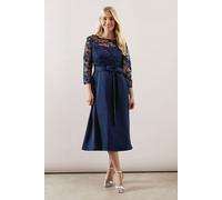 Petite Occasion Satin and Mesh Overlay Fit And Flare Dress Wallis Navy 12