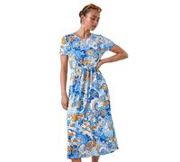 Roman Originals Midi Dress with Pockets for Women UK Ladies Stretchy Jersey Maxi Long Short Sleeve Elasticated Gathered High Waist Boho Flattering Skater Swing Fit Flare - Petite Blue - Size 14