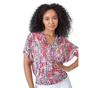 Roman Petite Paisley Shirred Hem Stretch Top for Women UK - Ladies Spring Everyday Summer Holiday V-Neckline Comfy Short Sleeve Soft Blouson Shape Shirt Vacation Blouses - Pink - Size 12