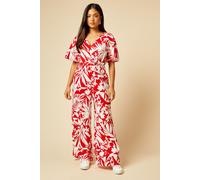 Womens Petite Palm Print Wrap Front Angel Sleeve Jersey Jumpsuit Red 6
