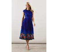 Petite Placement Print Lace Bodice Pleated Midi Dress Wallis Navy 12