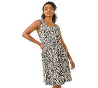 Roman Petite Print Linen Mix Pocket Dress for Women UK - Ladies Spring Everyday Summer Holiday Round Neckline Comfy Sleeveless Soft Knee Length Frock Dinner Date Gowns - Black - Size 14