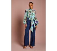 Petite Printed Blouson Sleeve Pintuck Detail Wide Leg Jumpsuit Coast Sage 12