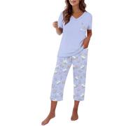 Petite Pyjamas For Older Ladies 2 Piece Short Sleeve Floral Print Pyjama Set Soft Comfy Cotton V Neck Loungewear Tops and Capri Pants with Pockets Lightweight Breatheable Sleepwear Nightwear Blue