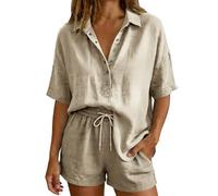 Petite Pyjamas for Older Ladies Womens Cotton Linen 2 Piece Outfits Summer Co Ord Sets Half Sleeve Button Up Tops and Wide Leg Shorts Casual Lounge Wear Set Tracksuit for Airport Travel Vacation Beach