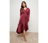 Petite Satin Puff Sleeve V Neck High Low Hem Midi Dress Oasis Merlot 10