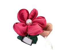 Petite Satin Scrunchies， 4pcs Multicolor Organza Pearl Flower Stretch Fabric Hair Rope Scrunchies(Rose Red)