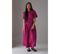 Petite Seersucker Organza Godet Side Puff Sleeve Midi Dress Warehouse Hot Pink 8