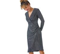 Roman Petite Sparkle Embellished Wrap Dress for Women UK - Ladies Autumn Everyday Winter Holiday V-Neckline Comfy Long Sleeve Soft Frock Stretch Jersey Gowns Ruched - Black - Size 16