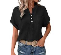 Petite Spring Clothes for Women Summer Cap Sleeve Tshirt Oversized Button Down V Neck Blouses Tees Solid Cotton Linen Loose Tunic Tops Ladies Lightweight Comfy Clothes Buy Again My Orders Black