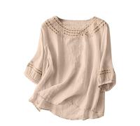 Petite Spring Clothes for Women Summer Retro 3/4 Sleeve Tunic Top Loose Baggy T-Shirts Plus Size Lightweight Linen Flowy Boho Tee Blouse