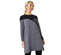 Roman Petite Animal Colour Block Knit Dress for Women UK - Ladies Autumn Everyday Winter Holiday Round Neckline Comfy Long Sleeve Soft Knee Length Frock Pull On Gowns - Dark Grey - Size 10