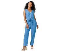 Roman Originals Petite Stretch Denim Pocket Jumpsuit for Women UK - Ladies Everyday Holiday Spring Summer V Neckline Comfy Soft Evening Vacation Work Party - Blue - Size 16
