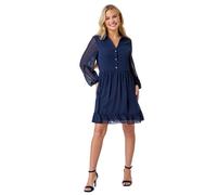 Roman Petite Textured Spot Tiered Frill Hem Dress for Women UK - Ladies Everyday Holiday Spring Summer V-Neckline Comfy Soft Evening Vacation Work Party - Navy - Size 14