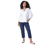 Roman Petite Textured Cotton Blouse for Women UK - Ladies Spring Everyday Summer Holiday V-Neckline Comfy 3/4 Sleeve Soft Lightweight Shirt Beach Vacation Tops - White - Size 14