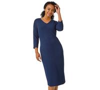 Roman Originals Textured V-Neck Stretch A-Line Dress for Women UK - Ladies Everyday Autumn Winter V-Neckline Comfy Soft Evening Vacation Work Party Night Out - Petite Navy - Size 16