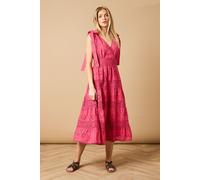Petite Tie Shoulder V Neck Broderie Midi Dress Oasis Hot Pink 10