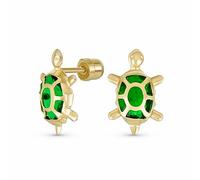 Petite Tiny Nautical Sea Life Vacation CZ Green Tortoise Turtle Genuine Yellow Gold Stud Earrings For Women Teen Secure Screw back