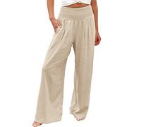 Petite Trousers Women Short Leg Black Work Trousers Ladies Wide Leg Cotton Linen Elasticated Waist Lounge Pants Ladies Baggy Summer Comfy Loose Fit Plain Pull On Casual Trouser Y2K