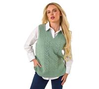 Petite V-Neck Cable Knit Sleeveless Vest Roman Dark Green 10