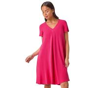 Roman Petite V-Neck Swing Pocket Dress for Women UK - Ladies Spring Everyday Summer Holiday Stretch Jersey Comfy Short Sleeve Soft Knee Length Frock Day Out Gowns - Cerise - Size 10