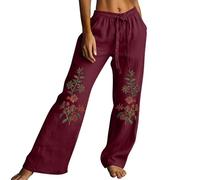 Petite Wide Leg Trousers for Women Uk,Holiday Trousers Women Elasticated Waist Drawstring Boho Retro Floral Embroidered Linen Palazzo Trouser Bohemian Hippy Clothes Baggy Summer Lounge Pants Bottoms